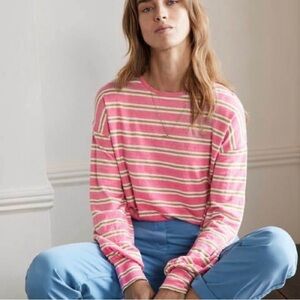 Boden Blouson Linen Long Sleeve Posey Pink Brioche Stripe Top Size 8